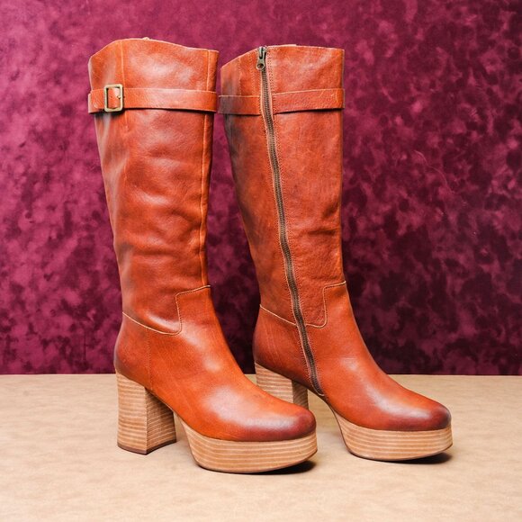 Kork Ease Women Beck Brown Leather Retro Cottage Boho Platform Tall Boots sz 9 - Picture 1 of 8